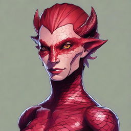 Generate a portrait of a D&D character who is a woman, half human and half lizard, with striking red skin covered in scales with a slightly black shine