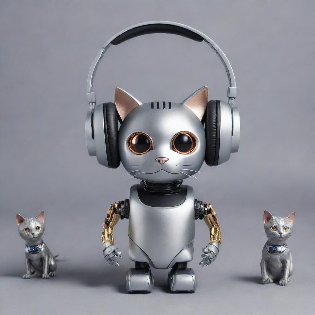 A metallic robot leisurely wearing sleek headphones with several playful cats around it