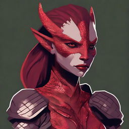 Generate a portrait of a D&D character who is a woman, half human and half lizard, with striking red skin covered in scales with a slightly black shine