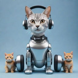 A metallic robot leisurely wearing sleek headphones with several playful cats around it