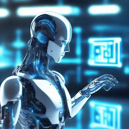 A futuristic depiction of artificial intelligence, featuring a sleek, humanoid robot with glowing blue circuits, interacting with a holographic interface in a high-tech environment