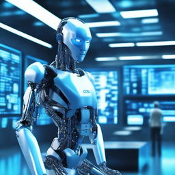 A futuristic depiction of artificial intelligence, featuring a sleek, humanoid robot with glowing blue circuits, interacting with a holographic interface in a high-tech environment