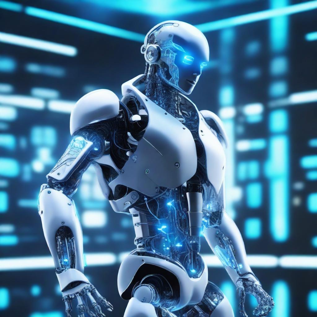 A futuristic depiction of artificial intelligence, featuring a sleek, humanoid robot with glowing blue circuits, interacting with a holographic interface in a high-tech environment