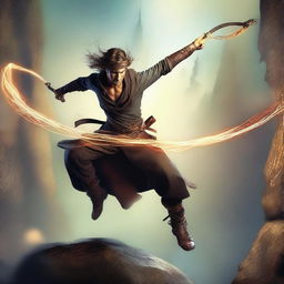 An adventurer with two metal whips tied to their waist, striking through the air