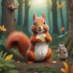 2D illustration of a squirrel, clutching a magical coin in its paws, situated in a vivid forest setting, accompanied by various friendly woodland creatures.