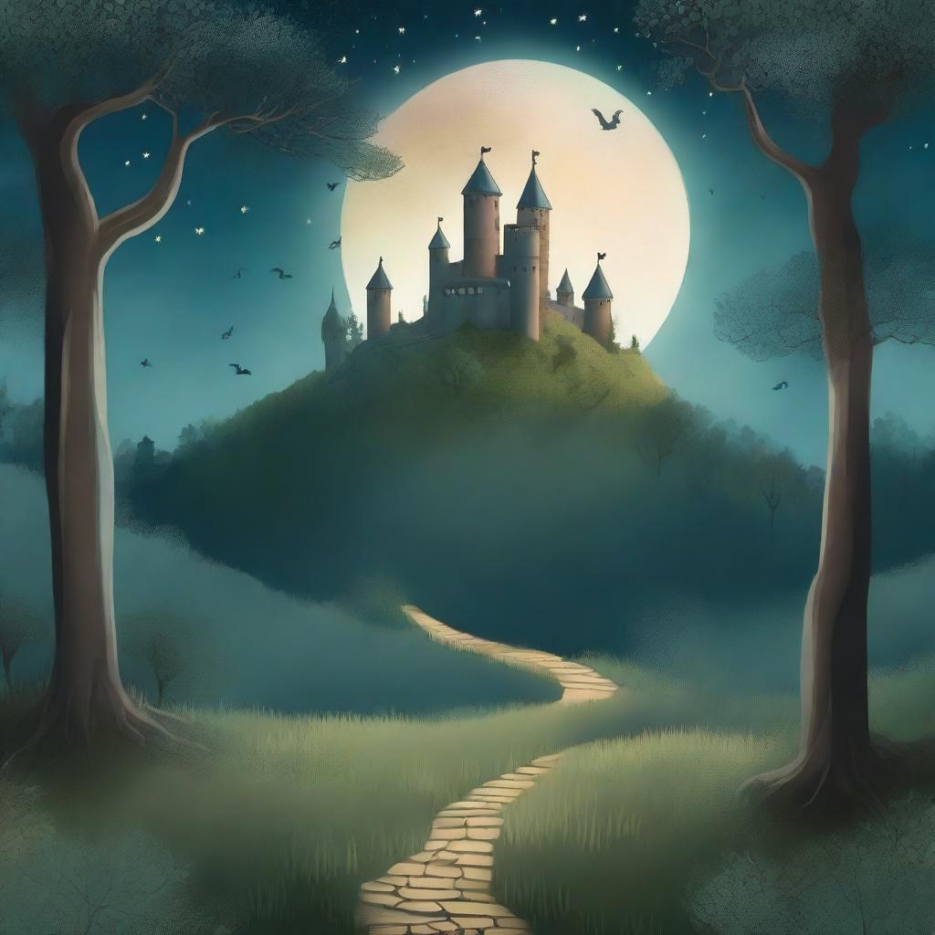 A captivating book cover featuring a mysterious forest with a winding path leading to an ancient castle