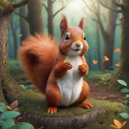 2D illustration of a squirrel, clutching a magical coin in its paws, situated in a vivid forest setting, accompanied by various friendly woodland creatures.