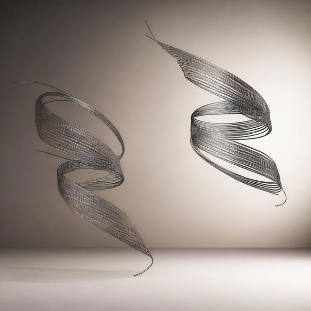 Two metal whips with intricate designs, striking through the air