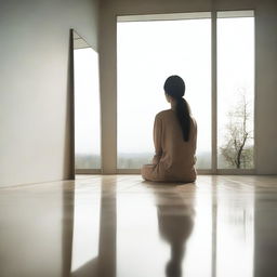 A serene and introspective scene where a person is looking into a mirror