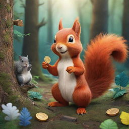 2D illustration of a squirrel, clutching a magical coin in its paws, situated in a vivid forest setting, accompanied by various friendly woodland creatures.