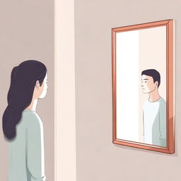 A serene and introspective scene where a person is looking into a mirror