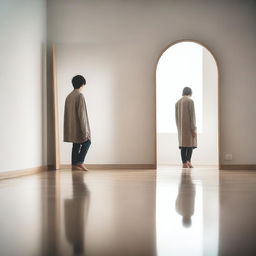 A serene and introspective scene where a person is looking into a mirror