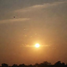 Angels flying towards the sunlight at sunset