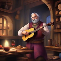 A bard with a magical aura of deception, playing a lute in a medieval tavern