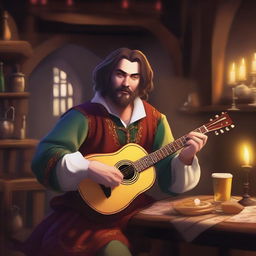 A bard with a magical aura of deception, playing a lute in a medieval tavern