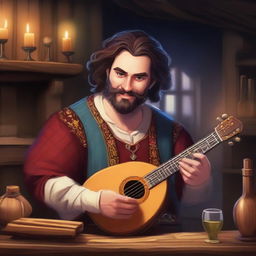 A bard with a magical aura of deception, playing a lute in a medieval tavern