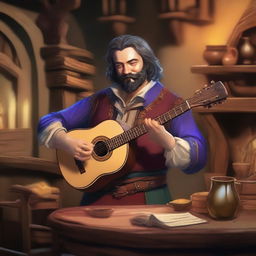 A bard with a magical aura of deception, playing a lute in a medieval tavern