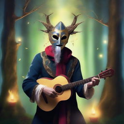 A bard wearing a comedy and tragedy mask with a magical spiritual aura of deception, performing in a mystical forest