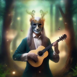 A bard wearing a comedy and tragedy mask with a magical spiritual aura of deception, performing in a mystical forest