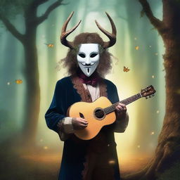 A bard wearing a comedy and tragedy mask with a magical spiritual aura of deception, performing in a mystical forest