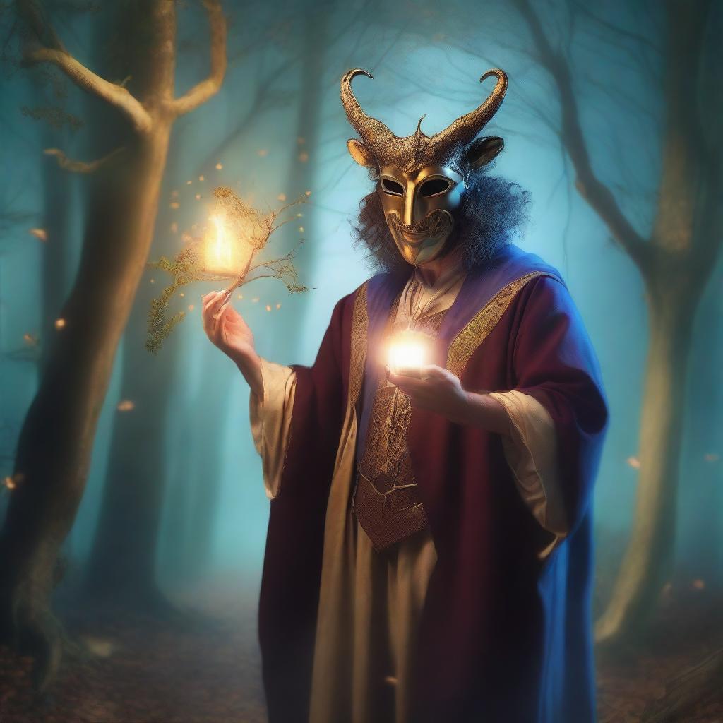 A bard wearing a comedy and tragedy mask with a magical spiritual aura of deception, performing in a mystical forest