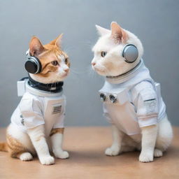 An adorable cat dressed as an astronaut, interacting with a futuristic robot, while both are wearing stylish headphones.