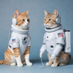 An adorable cat dressed as an astronaut, interacting with a futuristic robot, while both are wearing stylish headphones.