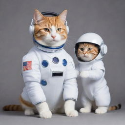 An adorable cat dressed as an astronaut, interacting with a futuristic robot, while both are wearing stylish headphones.