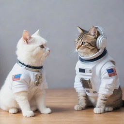 An adorable cat dressed as an astronaut, interacting with a futuristic robot, while both are wearing stylish headphones.