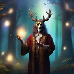 A bard wearing a comedy and tragedy mask surrounded by a magical spiritual aura of deception, standing on a moonlit stage in an enchanted forest