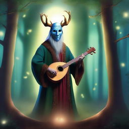 A bard wearing a comedy and tragedy mask surrounded by a magical spiritual aura of deception, standing on a moonlit stage in an enchanted forest