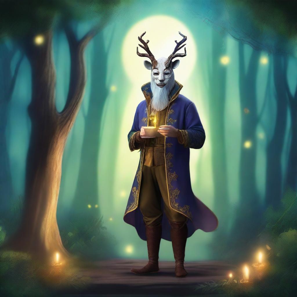 A bard wearing a comedy and tragedy mask surrounded by a magical spiritual aura of deception, standing on a moonlit stage in an enchanted forest