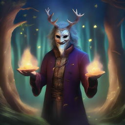 A bard wearing a comedy and tragedy mask surrounded by a magical spiritual aura of deception, standing on a moonlit stage in an enchanted forest