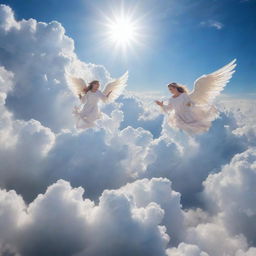 Stunning cloudscape with beautiful angels flying amidst the fluffy clouds