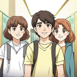 A 16-year-old white girl with brown eyes and a pretty face standing next to a boy with brown hair and black eyes