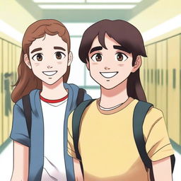 A 16-year-old white girl with brown eyes and a pretty face standing next to a boy with brown hair and black eyes