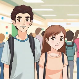 A 16-year-old white girl with brown eyes and a pretty face standing next to a boy with brown hair and black eyes