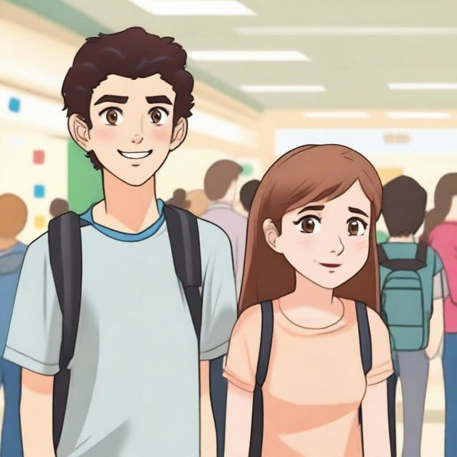 A 16-year-old white girl with brown eyes and a pretty face standing next to a boy with brown hair and black eyes