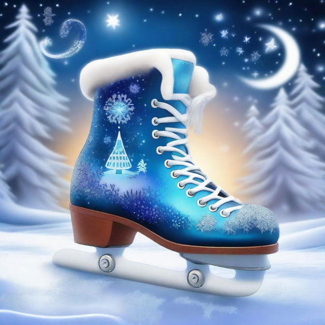 A pair of enchanted boots skating on magical ice, leaving a trail of sparkling frost behind