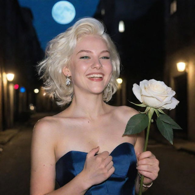 A young Pomba Gira with platinum blonde hair and blue eyes, holding a Leque (fan) in her hand, and a white rose tucked behind her ear. She's walking down a dark street, laughing at the moon.