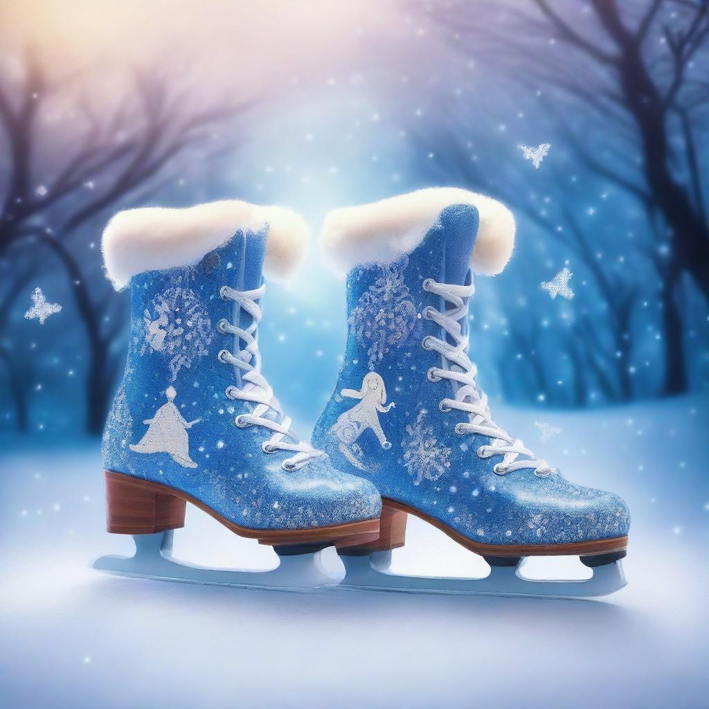 A pair of legs wearing enchanted boots skating on magical ice, leaving a trail of sparkling frost behind