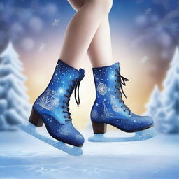 A pair of legs wearing enchanted boots skating on magical ice, leaving a trail of sparkling frost behind