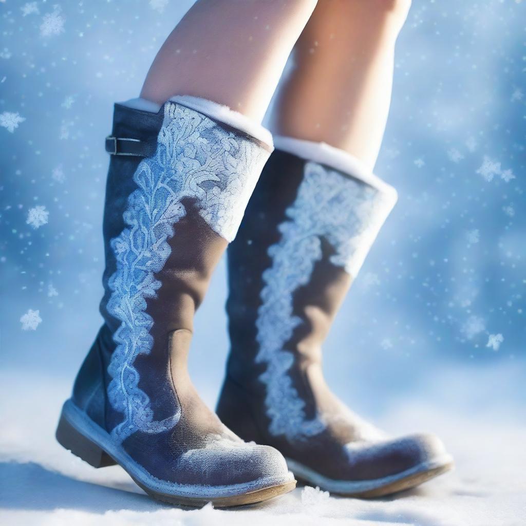 A close-up image of legs wearing boots imbued with magical ice