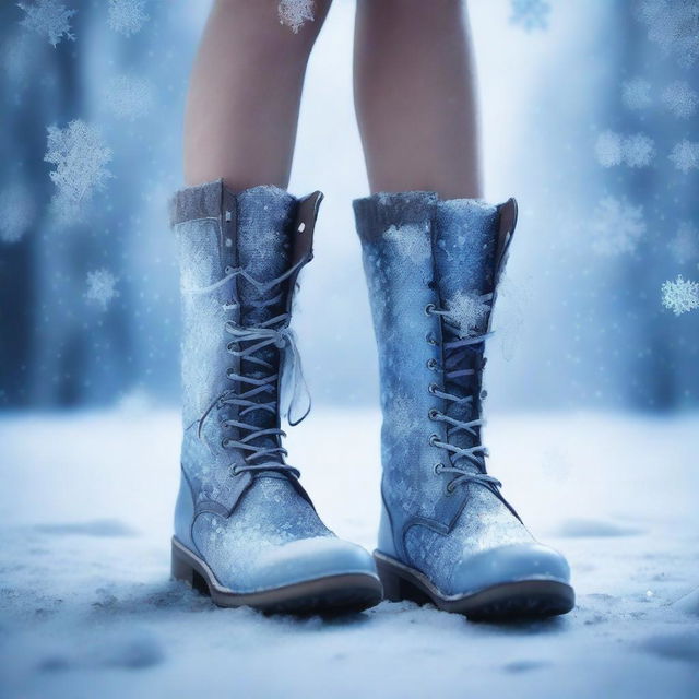 A close-up image of legs wearing boots imbued with magical ice