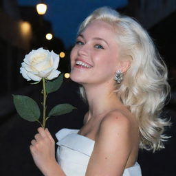 A young Pomba Gira with platinum blonde hair and blue eyes, holding a Leque (fan) in her hand, and a white rose tucked behind her ear. She's walking down a dark street, laughing at the moon.