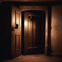 A mysterious door in a dimly lit basement, partially open with a strange, glowing light emanating from the gap