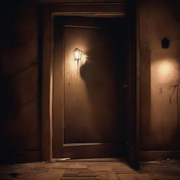 A mysterious door in a dimly lit basement, partially open with a strange, glowing light emanating from the gap