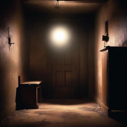 A mysterious door in a dimly lit basement, partially open with a strange, glowing light emanating from the gap