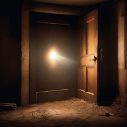 A mysterious door in a dimly lit basement, partially open with a strange, glowing light emanating from the gap