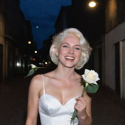 A young Pomba Gira with platinum blonde hair and blue eyes, holding a Leque (fan) in her hand, and a white rose tucked behind her ear. She's walking down a dark street, laughing at the moon.